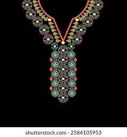 Orange, green, and yellow ethnic bohemian-style necklaces. Embroidery pattern on a black background. Vector element for design shirt pattern, lace, collar, bead decoration.