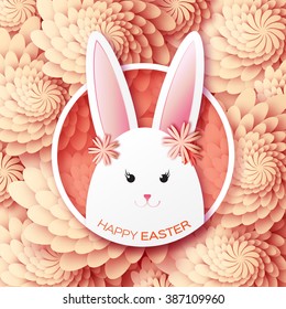 Orange Greeting card with Happy Easter - with white Easter rabbit. Spring Funny Bunny. Easter Bunny. Easter Egg. Vector design illustration
