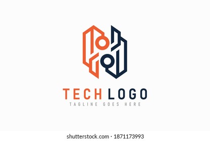 Orange and Grey Abstract Technology Logo Design. Modern Futuristic Line Symbol Design, Usable For Business, Community, Industrial, Tech, Services Company. Flat Vector Logo Design Illustration.