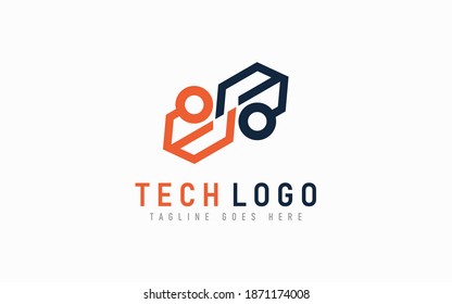 Logo-Design für orange und graue abstrakte Technologie. Modernes, futuristisches Line-Symbol-Design, verwendbar für Unternehmen, Gemeinschaft, Industrie, Technik, Dienstleistungsunternehmen. Illustration zum Design flacher Vektorgrafiken.