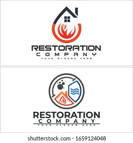 Orange grey blue symbol icon fire home window circle droplet bubble wave water design logo line art vector suitable for construction restoration owners company