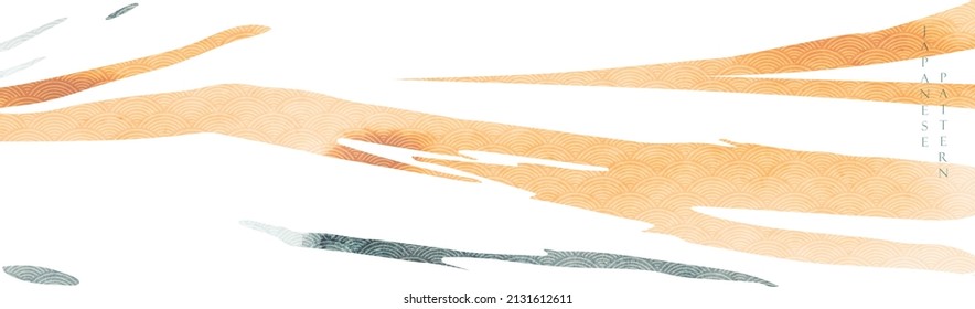 Orange And Grey Brush Stroke Texture With Japanese Ocean Wave Pattern In Vintage Style. Abstract Art Landscape Banner Design With Watercolor Texture Vector Banner Design.