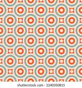 Orange and grey circle and square pattern on retro color background. Monochrome seamless interlocking pattern on white backdrop.