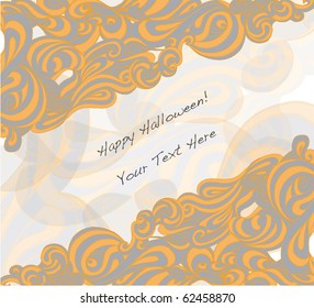 Orange and grey clouds form border around text area.