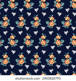 orange and grey seamless vector small flowers with green leaves bunches pattern on navy background