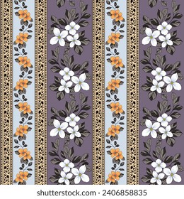 flores de vectores sin costura naranja y gris sin soldadura con motivos de borde de hojas en fondo gris azul