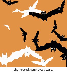 Orange Grey Spooky Chaos Halloween Modern Design. Creepy Faces White Funny Modern Style Background. Motion Retro Print Bats Vector Design Pic. Scary Black Attack Light Flying Bats Art Pattern.