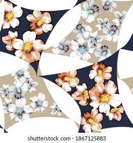 orange and grey vector flowers pattern on navy cream bandanna background