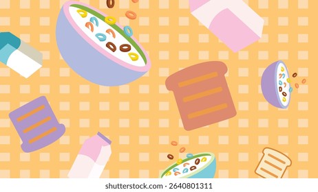 Orange grid backdrop with bowls of cereal, milk cartons, and toast illustrations in a clean and bright breakfast concept.