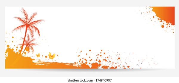 Orange grunge background with palm trees and butterflies