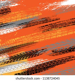 Orange grunge background with white, black and orange tire tracks