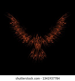 Orange grunge bird silhouette with ink splash isolated on black background