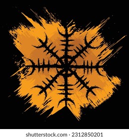 Orange grunge cross isolated on black background with viking Helm of Awe symbol