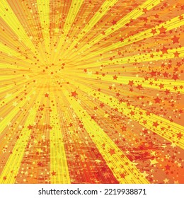 Orange grunge frame with retro sunbeams and stars and place for text. Vector eps 10