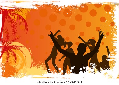 Orange grunge palm background with dancing people