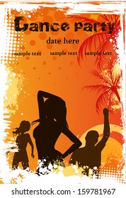 Orange grunge palm background with dancing people - party poster template