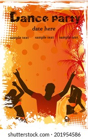 Orange grunge palm background with dancing people - party poster template