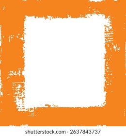 Orange grunge vector frame. A distressed square border with a rough, heavily textured stamp or paint effect. Perfect for adding a bold, modern, and energetic feel to your designs.