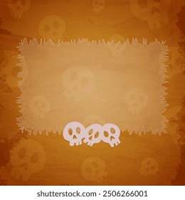 Orange grunge wallpaper background with creepy skulls and emty frame for vector Halloween design