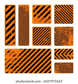 Orange grunge warning signs with diagonal lines. Old attention, danger or caution sign, construction site signage. Realistic notice signboard, warning banner, road shield. Vector illustration