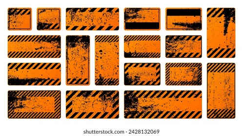 Orange grunge warning signs with diagonal lines. Old attention, danger or caution sign, construction site signage. Realistic notice signboard, warning banner, road shield. Vector illustration