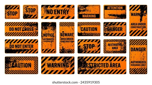 Orange grunge warning signs with diagonal lines. Old attention, danger or caution sign, construction site signage. Realistic notice signboard, warning banner, road shield. Vector illustration