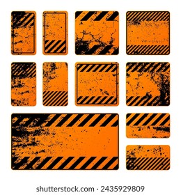 Orange grunge warning signs with diagonal lines. Old attention, danger or caution sign, construction site signage. Realistic notice signboard, warning banner, road shield. Vector illustration