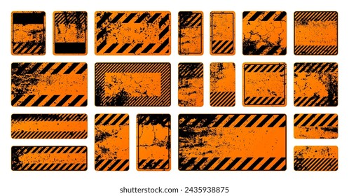 Orange grunge warning signs with diagonal lines. Old attention, danger or caution sign, construction site signage. Realistic notice signboard, warning banner, road shield. Vector illustration