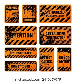 Orange grunge warning signs with diagonal lines. Old attention, danger or caution sign, construction site signage. Realistic notice signboard, warning banner, road shield. Vector illustration