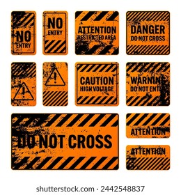 Orange grunge warning signs with diagonal lines. Old attention, danger or caution sign, construction site signage. Realistic notice signboard, warning banner, road shield. Vector illustration