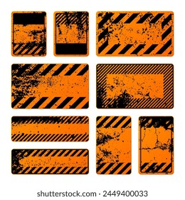 Orange grunge warning signs with diagonal lines. Old attention, danger or caution sign, construction site signage. Realistic notice signboard, warning banner, road shield. Vector illustration