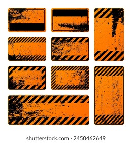 Orange grunge warning signs with diagonal lines. Old attention, danger or caution sign, construction site signage. Realistic notice signboard, warning banner, road shield. Vector illustration