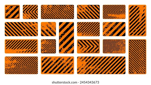 Orange grunge warning signs with diagonal lines. Old attention, danger or caution sign, construction site signage. Realistic notice signboard, warning banner, road shield. Vector illustration