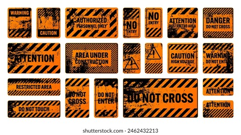 Orange grunge warning signs with diagonal lines. Old attention, danger or caution sign, construction site signage. Realistic notice signboard, warning banner, road shield. Vector illustration