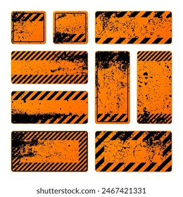 Orange grunge warning signs with diagonal lines. Old attention, danger or caution sign, construction site signage. Realistic notice signboard, warning banner, road shield. Vector illustration