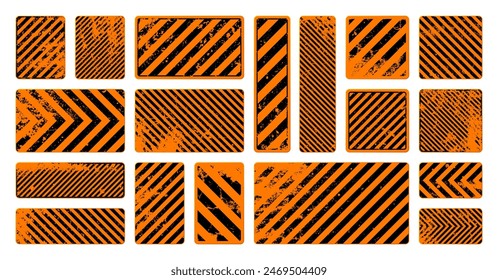 Orange grunge warning signs with diagonal lines. Old attention, danger or caution sign, construction site signage. Realistic notice signboard, warning banner, road shield. Vector illustration