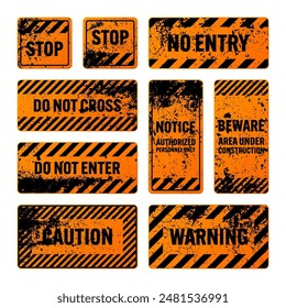 Orange grunge warning signs with diagonal lines. Old attention, danger or caution sign, construction site signage. Realistic notice signboard, warning banner, road shield. Vector illustration