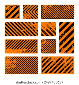 Orange grunge warning signs with diagonal lines. Old attention, danger or caution sign, construction site signage. Realistic notice signboard, warning banner, road shield. Vector illustration