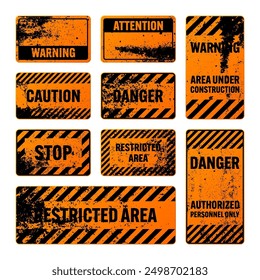 Orange grunge warning signs with diagonal lines. Old attention, danger or caution sign, construction site signage. Realistic notice signboard, warning banner, road shield. Vector illustration