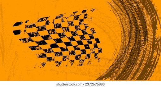 Orange grungy background with black abstract tire tracks and chess flag - vector illustration