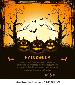 Orange grungy halloween background with scary pumpkins, full moon, trees and bats.  Vector Illustration.