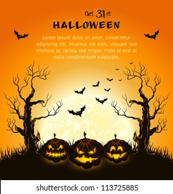 Orange grungy halloween background with spooky pumpkins, full moon, trees and bats.  Vector Illustration.