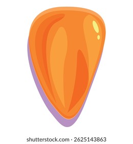 Orange guitar pick is lying on a white background, casting a purple shadow