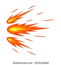 Orange gun flash with fire, explosive effect or bullet trace. Gunshot on white cartoon illustration. Explosion, weapon, blast, burst concept