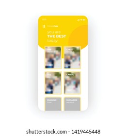 Orange gym programme UI, UX, GUI screen for mobile apps design. Modern responsive user interface design of mobile applications including gym routine screen with chest, leg, cardio, running