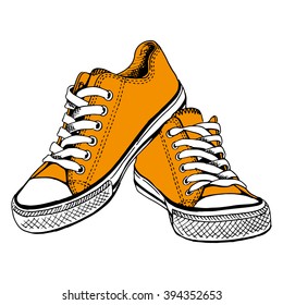 Orange gym shoes - by hand the drawn illustration. Vector art.