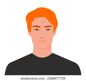 orange hair male portrait, man in black t-shirt, flat vector illustration