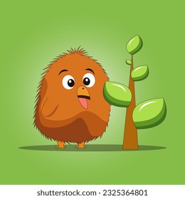 Orange Hairy Fuzzy Bird Eating Leaf of Tree on Green Background.