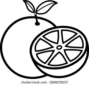 Naranja y media. Imagen gráfica de fruta estilizada. Gráficos vectoriales. Contorsión negra. 
