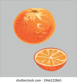 Orange and half of orange on gray background.